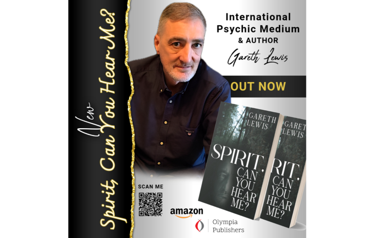 Promotional banner for international psychic medium Gareth Lewis and his new book.