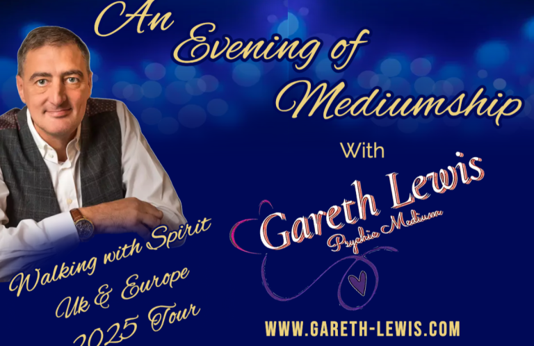 Event poster for an evening of mediumship with Gareth Lewis. Date and website included.